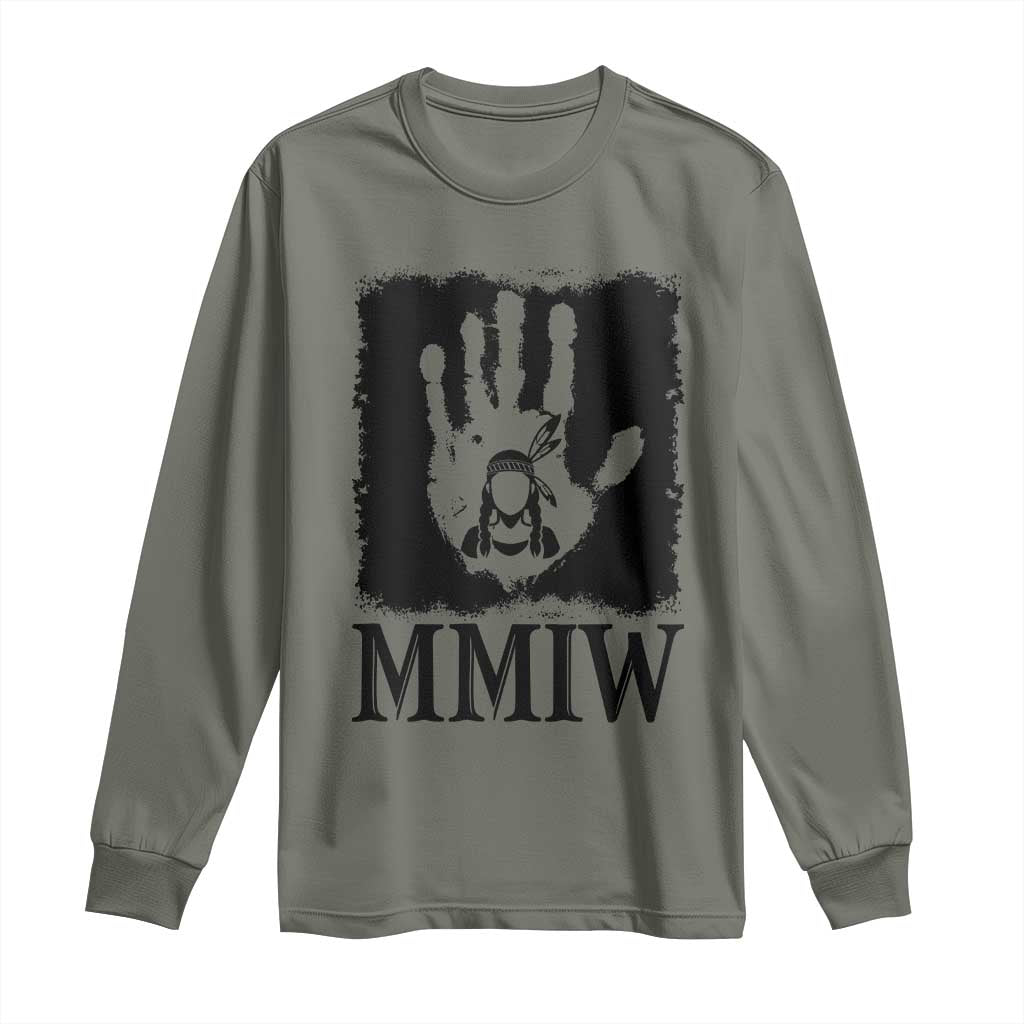 Stop MMIW Long Sleeve Shirt Voices For Stolen Sisters Red Handprint Graphic TS12 Military Green Print Your Wear