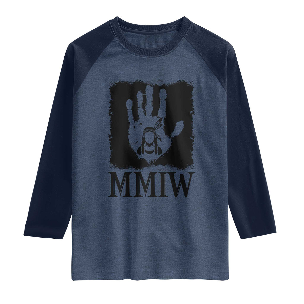 Stop MMIW Raglan Shirt Voices For Stolen Sisters Red Handprint Graphic TS12 Heather Denim Navy Print Your Wear
