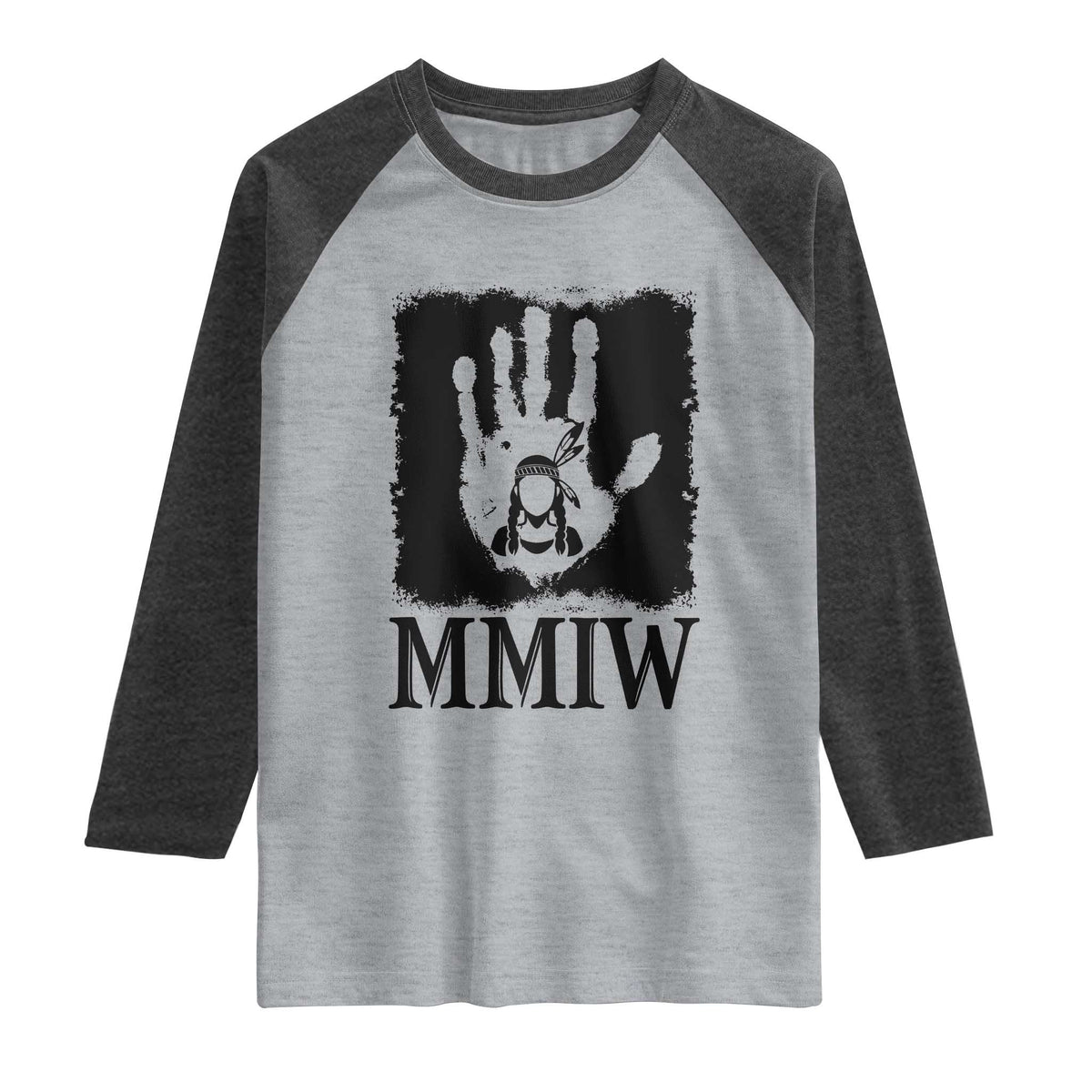 Stop MMIW Raglan Shirt Voices For Stolen Sisters Red Handprint Graphic TS12 Heather Gray Heather Charcoal Print Your Wear