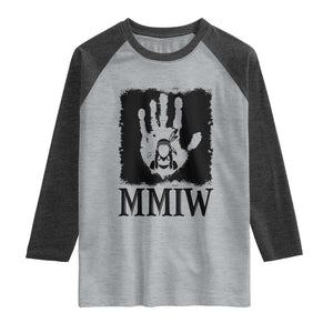 Stop MMIW Raglan Shirt Voices For Stolen Sisters Red Handprint Graphic TS12 Heather Gray Heather Charcoal Print Your Wear