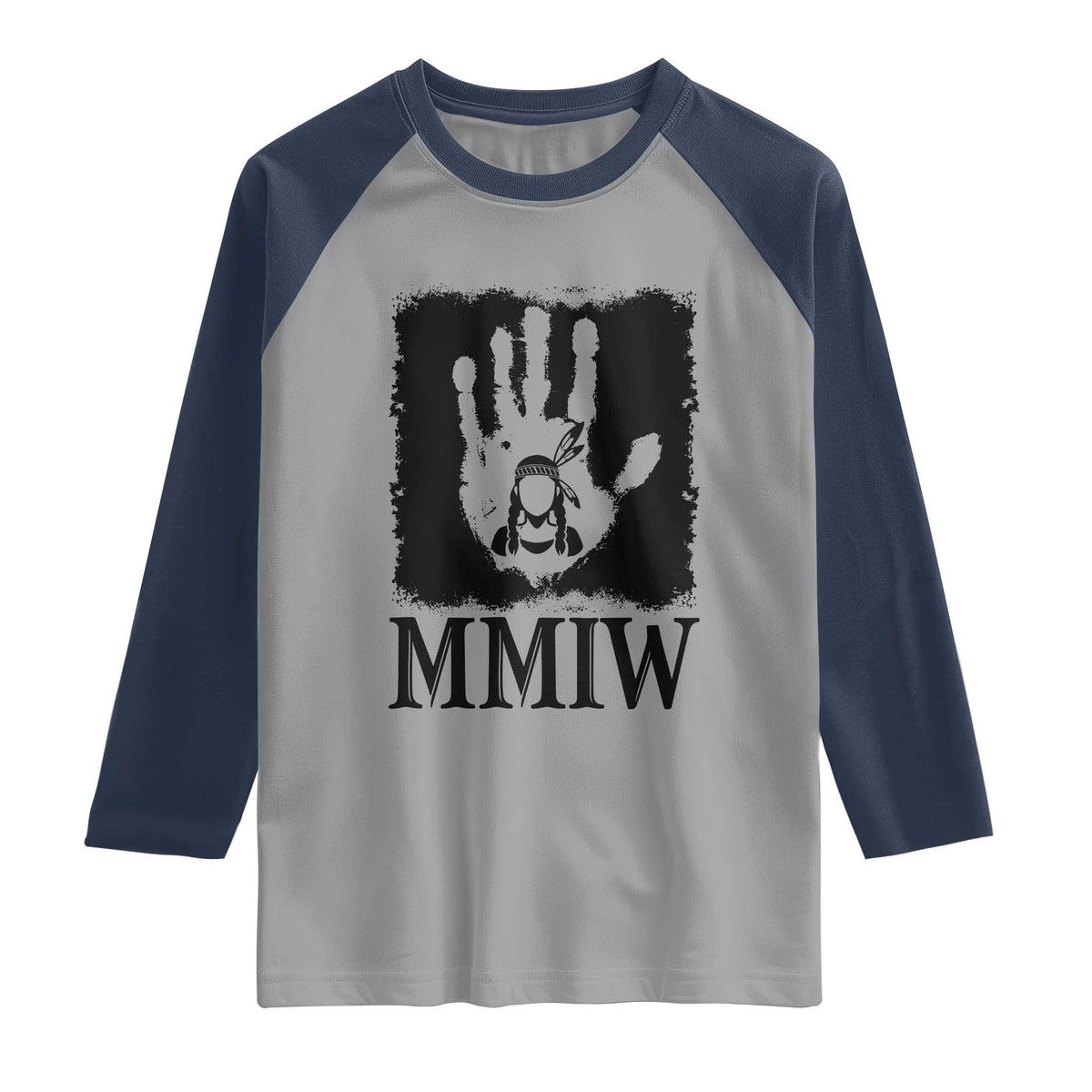 Stop MMIW Raglan Shirt Voices For Stolen Sisters Red Handprint Graphic TS12 Sport Gray Navy Print Your Wear