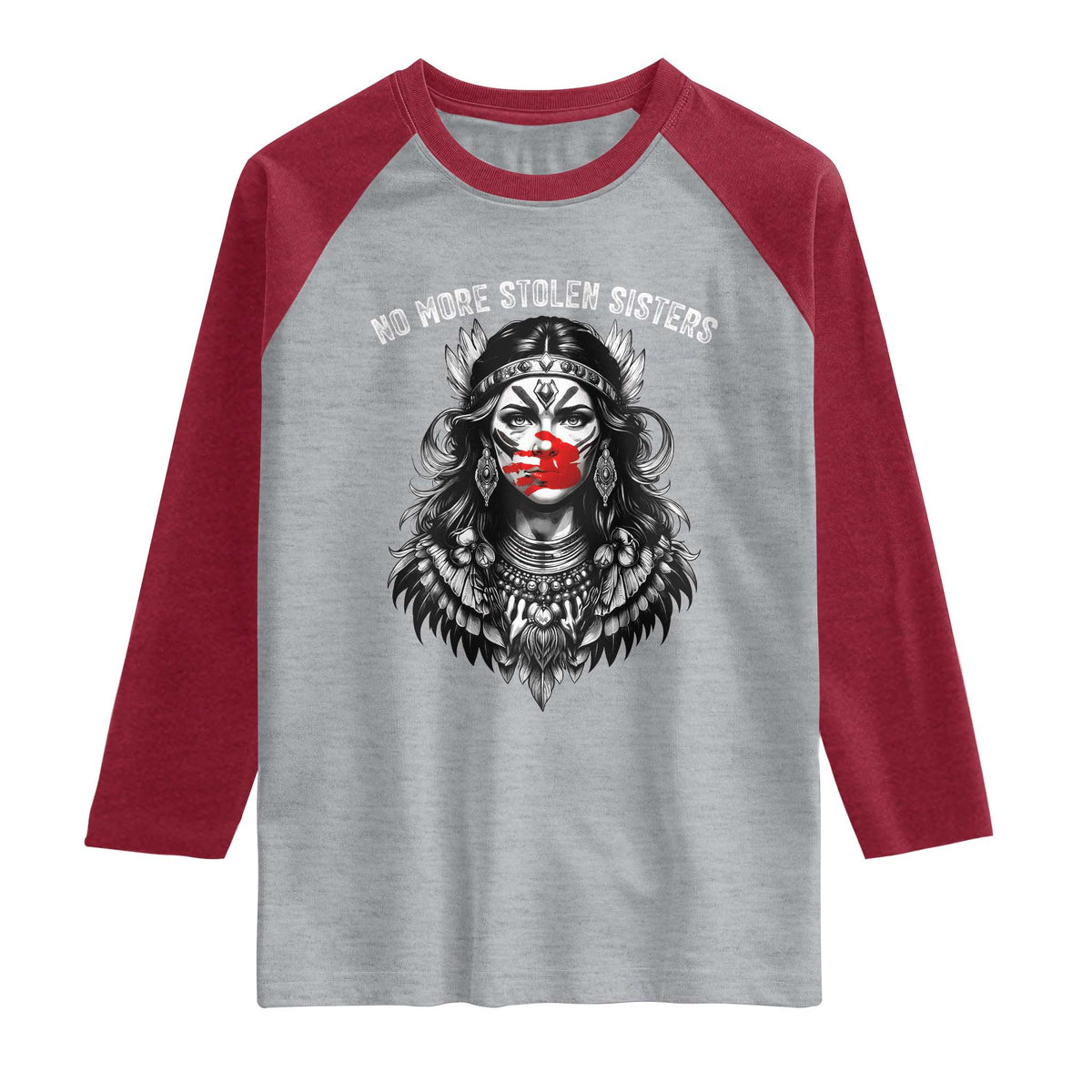 MMIW Awareness Support Raglan Shirt No More Stolen Sisters TS12 Heather Gray Heather Red Print Your Wear