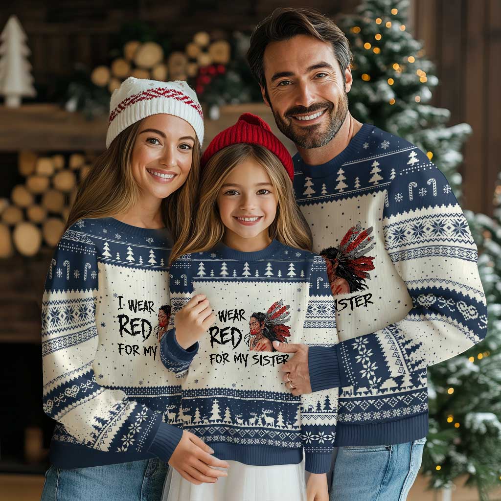 MMIW Awareness Month Indigenous Support Gift Ugly Christmas Sweater I Wear Red For My Sister TS12 Beige Navy Print Your Wear