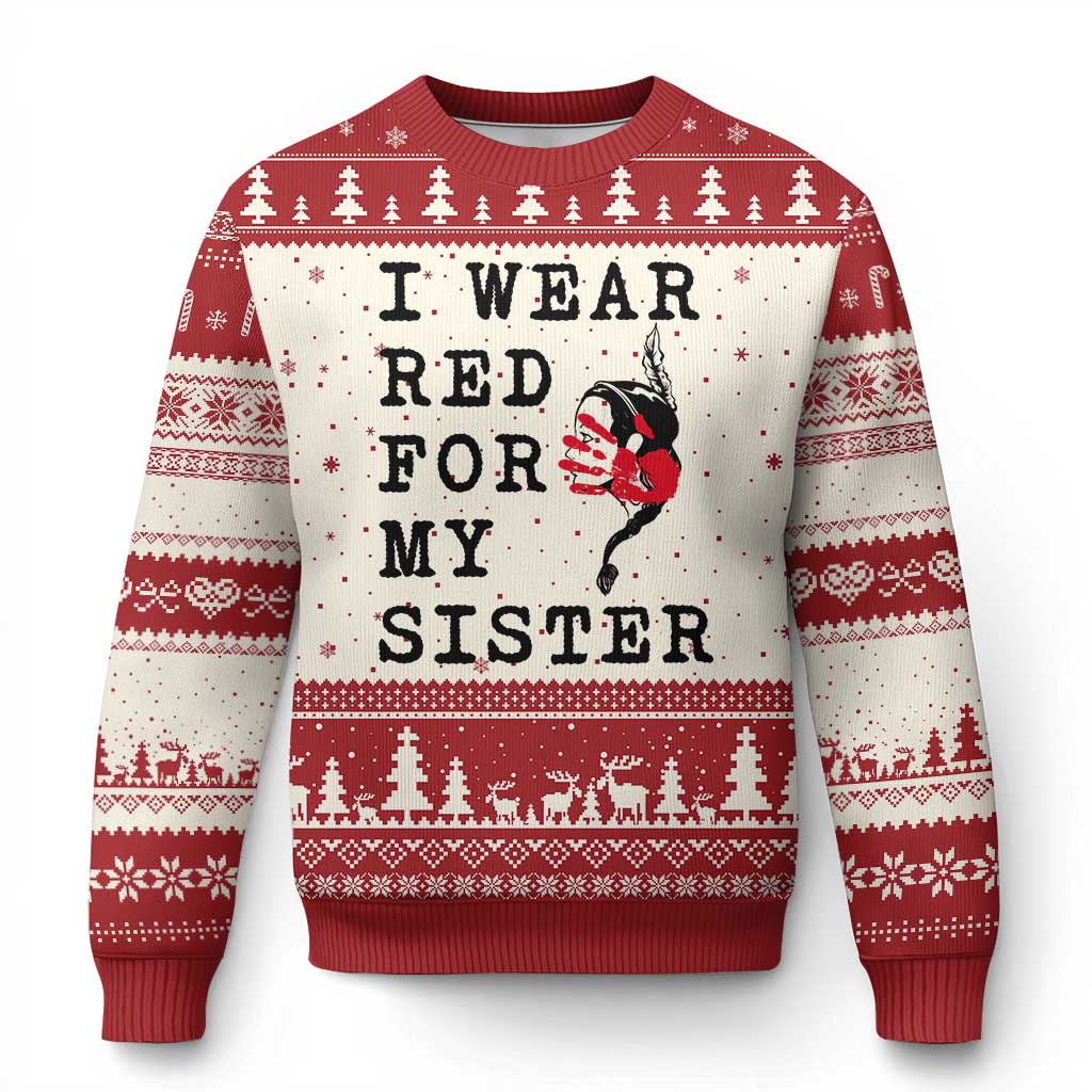 MMIW Awareness Month Native American Ugly Christmas Sweater I Wear Red For My Sister TS12 Beige Red Print Your Wear