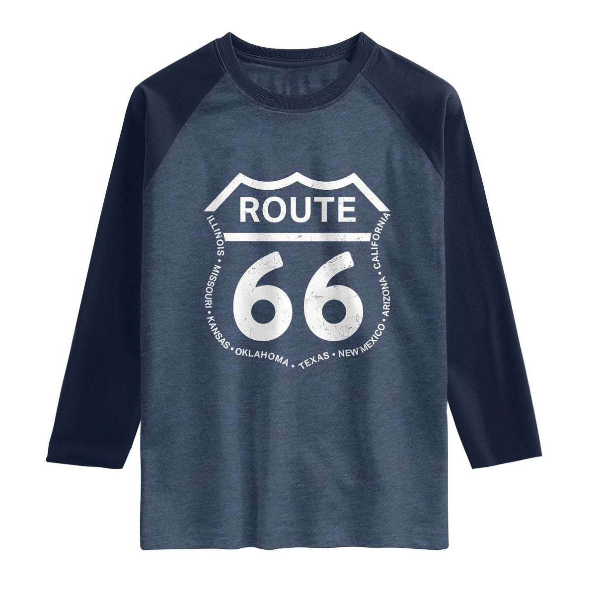 Vintage Route Highway 66 Road Trip Raglan Shirt Mother Road All States TS12 Heather Denim Navy Print Your Wear