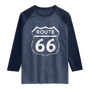 Vintage Route Highway 66 Road Trip Raglan Shirt Mother Road All States TS12 Heather Denim Navy Print Your Wear
