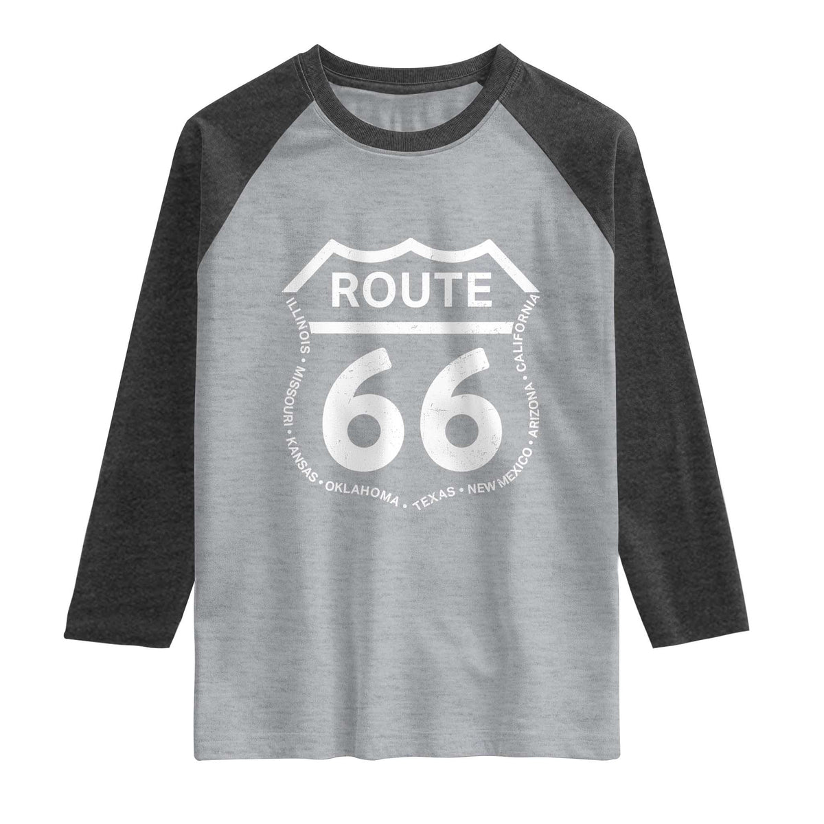 Vintage Route Highway 66 Road Trip Raglan Shirt Mother Road All States TS12 Heather Gray Heather Charcoal Print Your Wear
