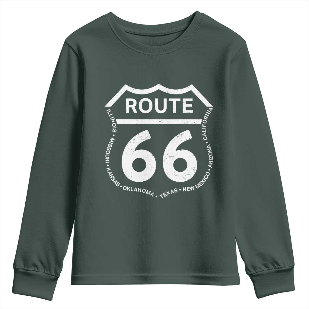 Vintage Route Highway 66 Road Trip Youth Sweatshirt Mother Road All States TS12 Dark Forest Green Print Your Wear
