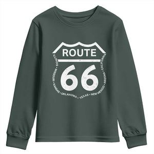 Vintage Route Highway 66 Road Trip Youth Sweatshirt Mother Road All States TS12 Dark Forest Green Print Your Wear