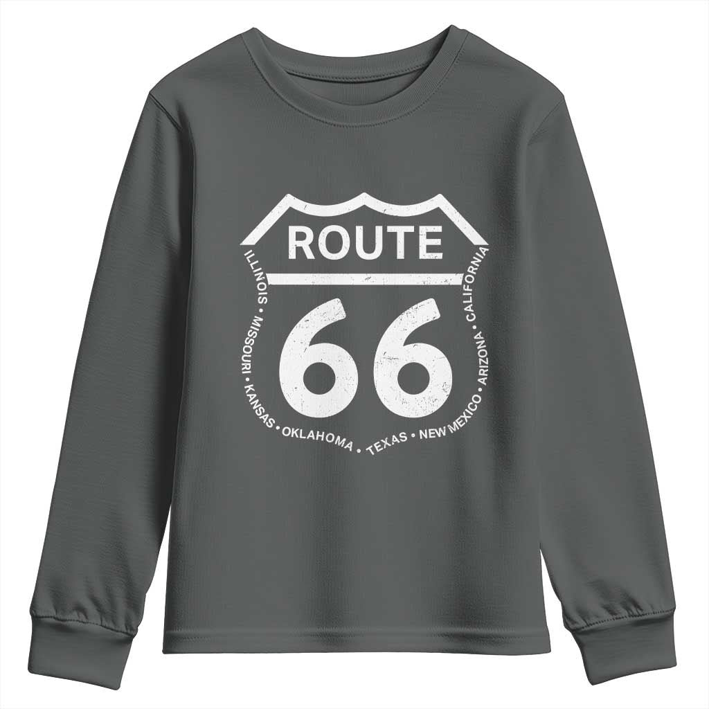 Vintage Route Highway 66 Road Trip Youth Sweatshirt Mother Road All States TS12 Dark Heather Print Your Wear