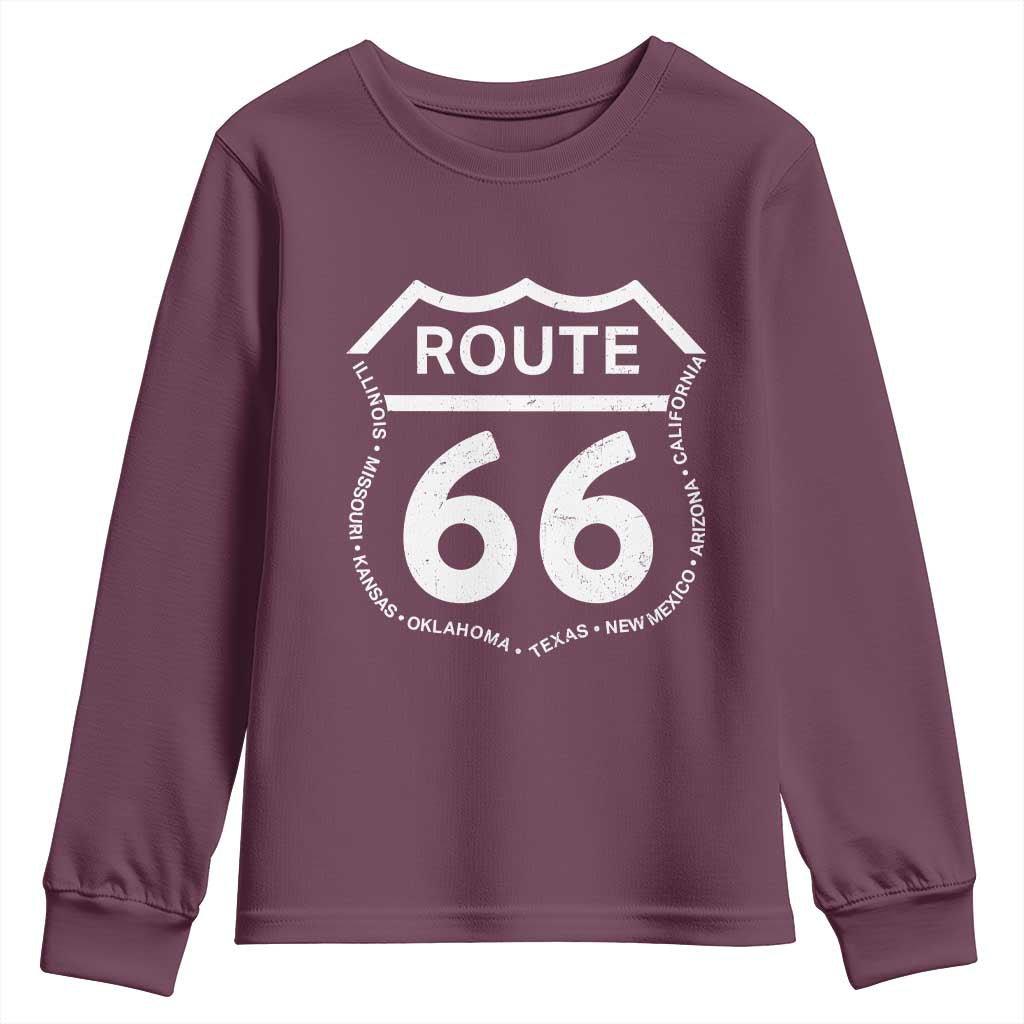 Vintage Route Highway 66 Road Trip Youth Sweatshirt Mother Road All States TS12 Maroon Print Your Wear