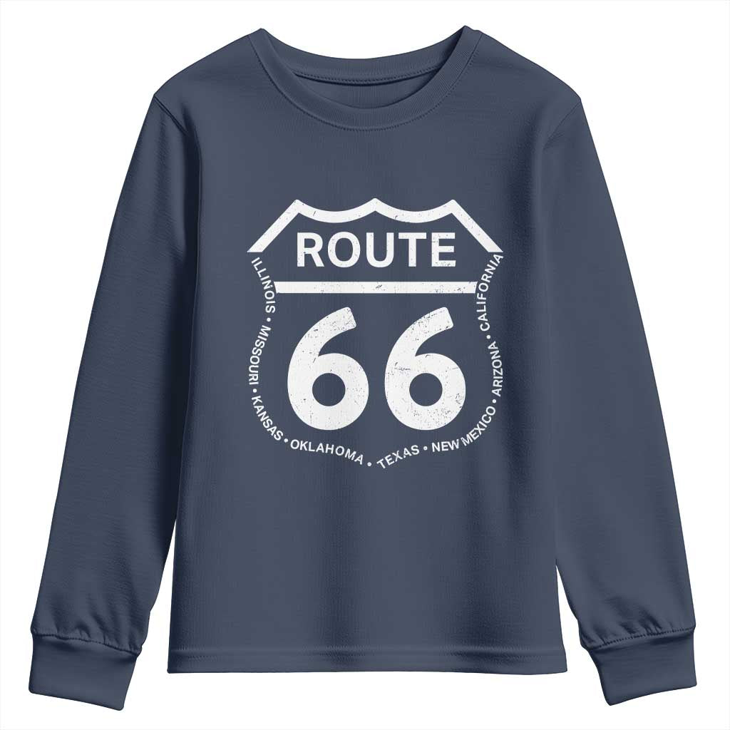 Vintage Route Highway 66 Road Trip Youth Sweatshirt Mother Road All States TS12 Navy Print Your Wear