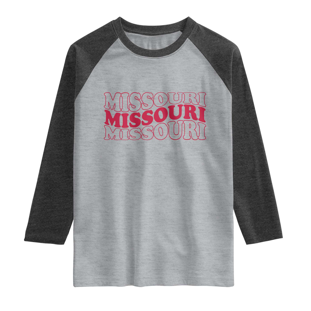 Retro Missouri State Pride Raglan Shirt Groovy Wavy Typography TS12 Heather Gray Heather Charcoal Print Your Wear