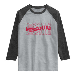 Retro Missouri State Pride Raglan Shirt Groovy Wavy Typography TS12 Heather Gray Heather Charcoal Print Your Wear