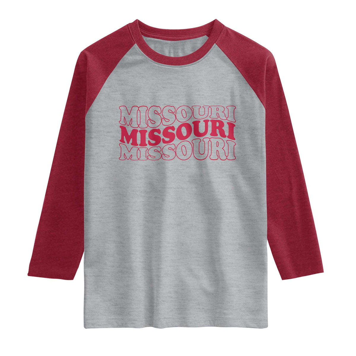 Retro Missouri State Pride Raglan Shirt Groovy Wavy Typography TS12 Heather Gray Heather Red Print Your Wear