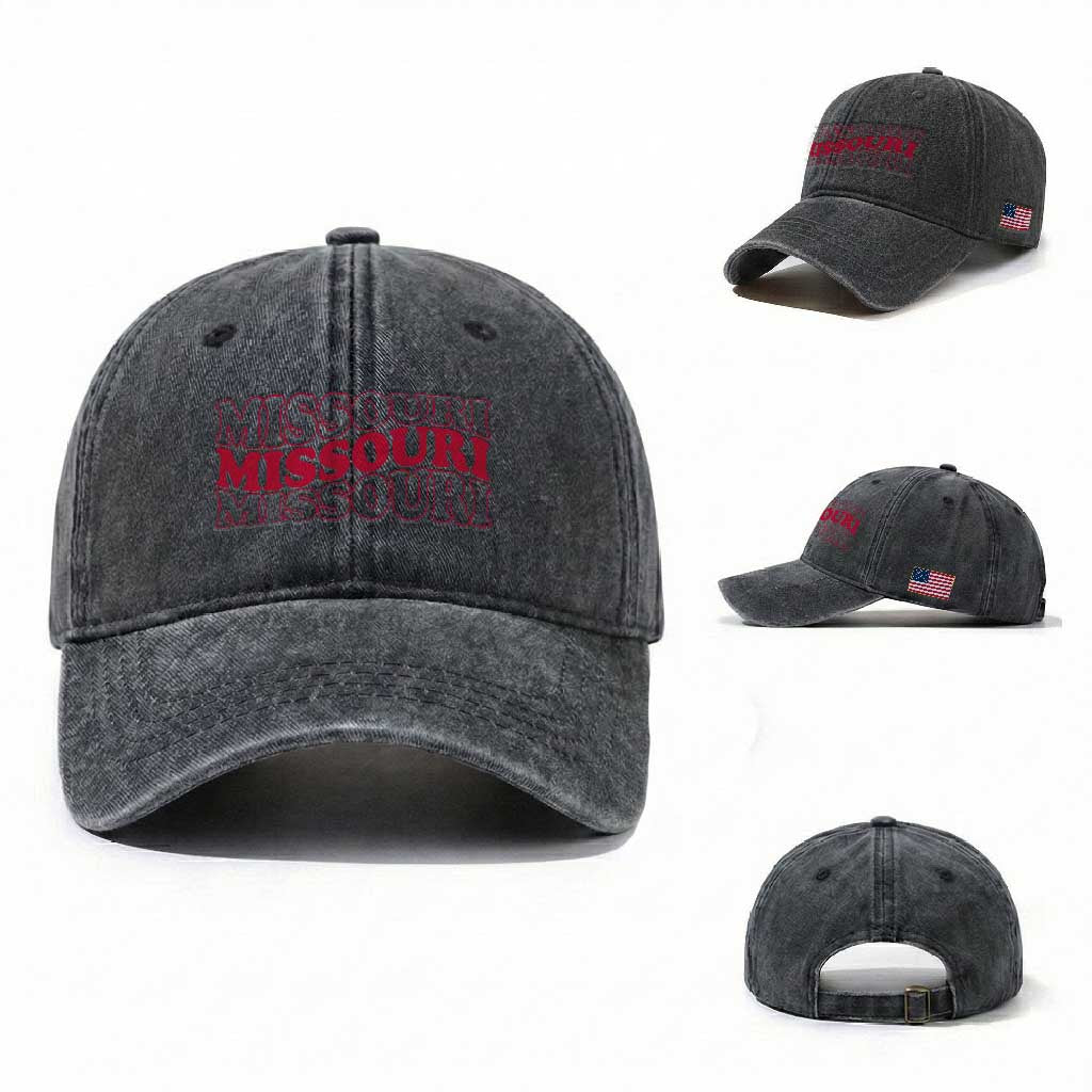 Retro Missouri State Pride Washed Cotton Baseball Cap Groovy Wavy Typography TS12 Washed Cap Universal Fit Dark Gray Print Your Wear