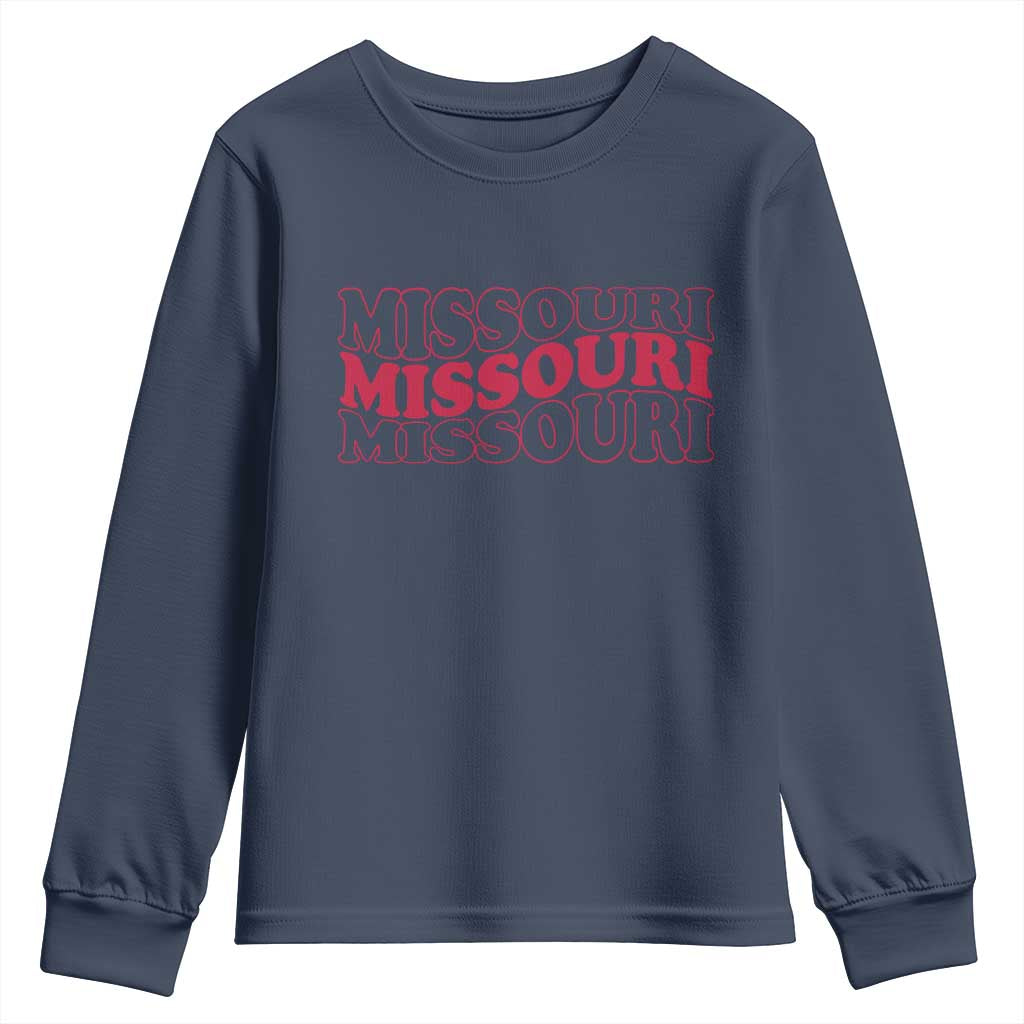 Retro Missouri State Pride Youth Sweatshirt Groovy Wavy Typography TS12 Navy Print Your Wear