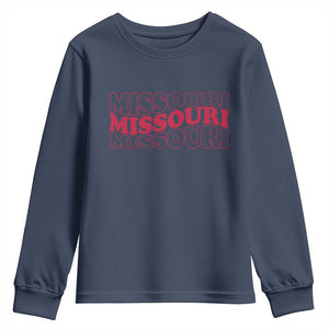 Retro Missouri State Pride Youth Sweatshirt Groovy Wavy Typography TS12 Navy Print Your Wear