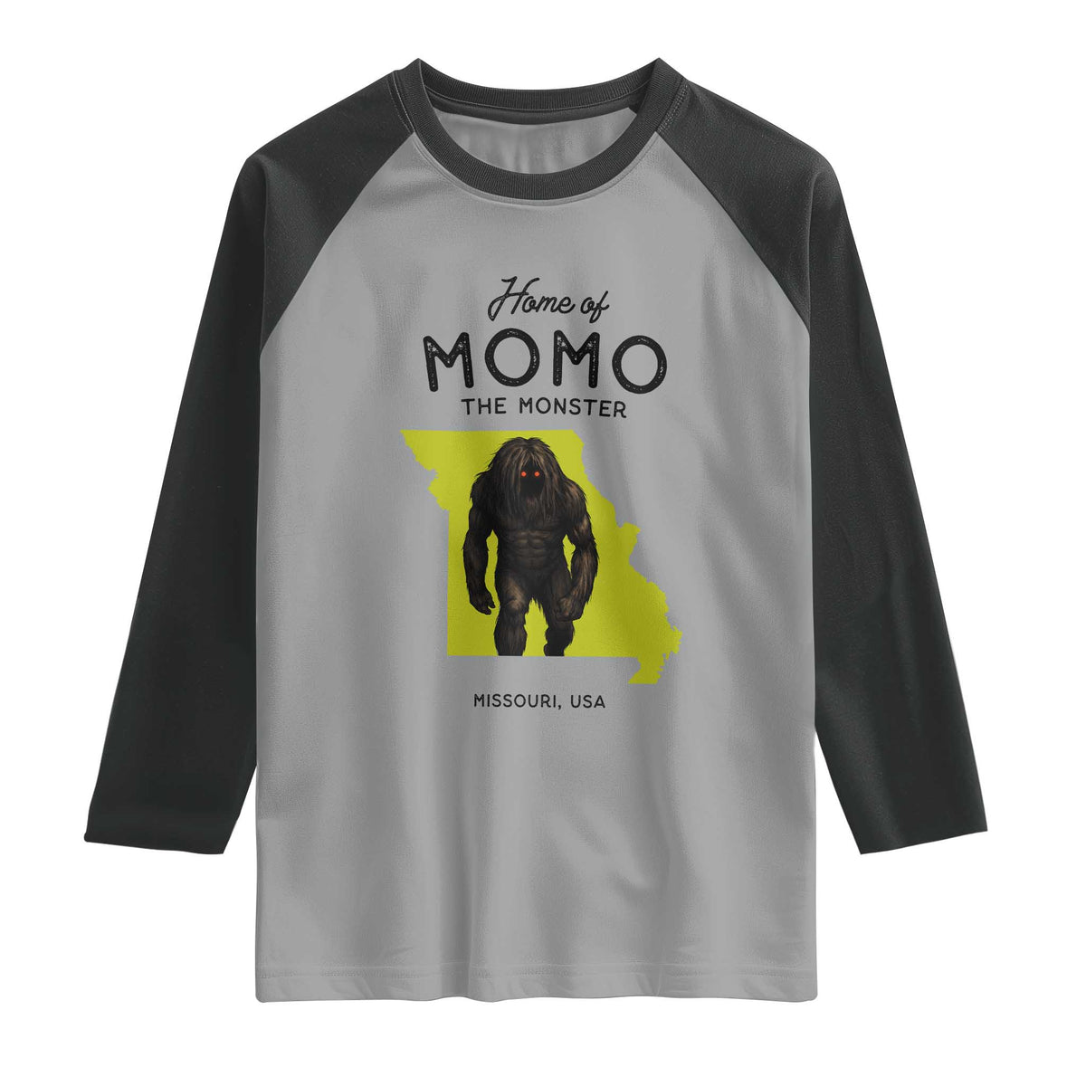 Louisiana Missouri Cryptid Lover Raglan Shirt Home Of Momo The Monster TS12 Sport Gray Black Print Your Wear
