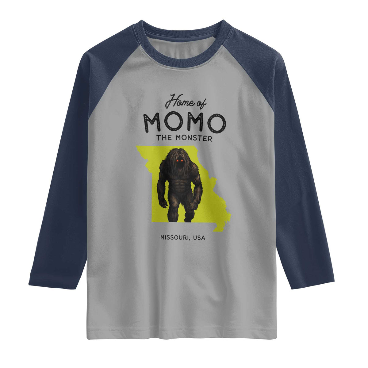 Louisiana Missouri Cryptid Lover Raglan Shirt Home Of Momo The Monster TS12 Sport Gray Navy Print Your Wear