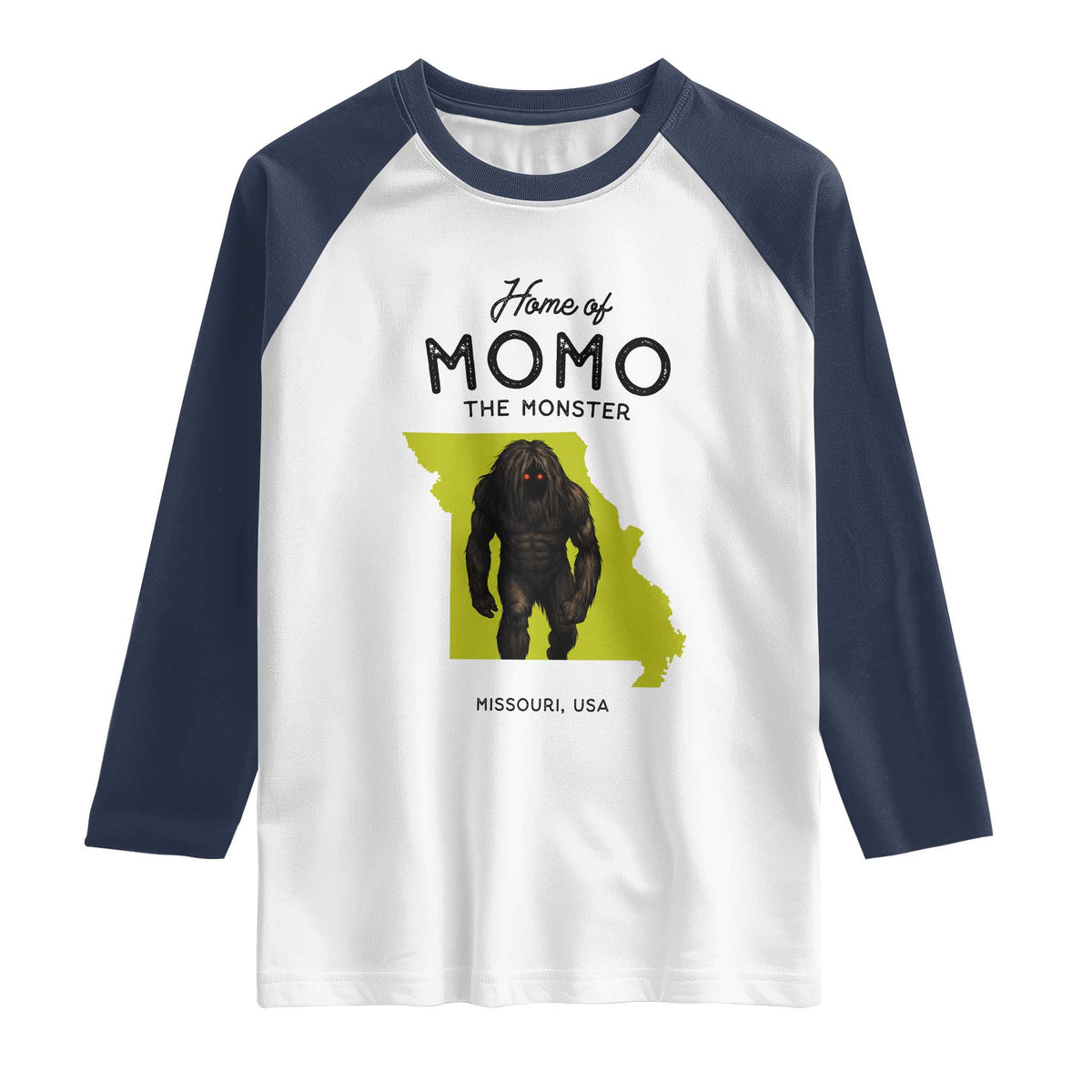 Louisiana Missouri Cryptid Lover Raglan Shirt Home Of Momo The Monster TS12 White Navy Print Your Wear