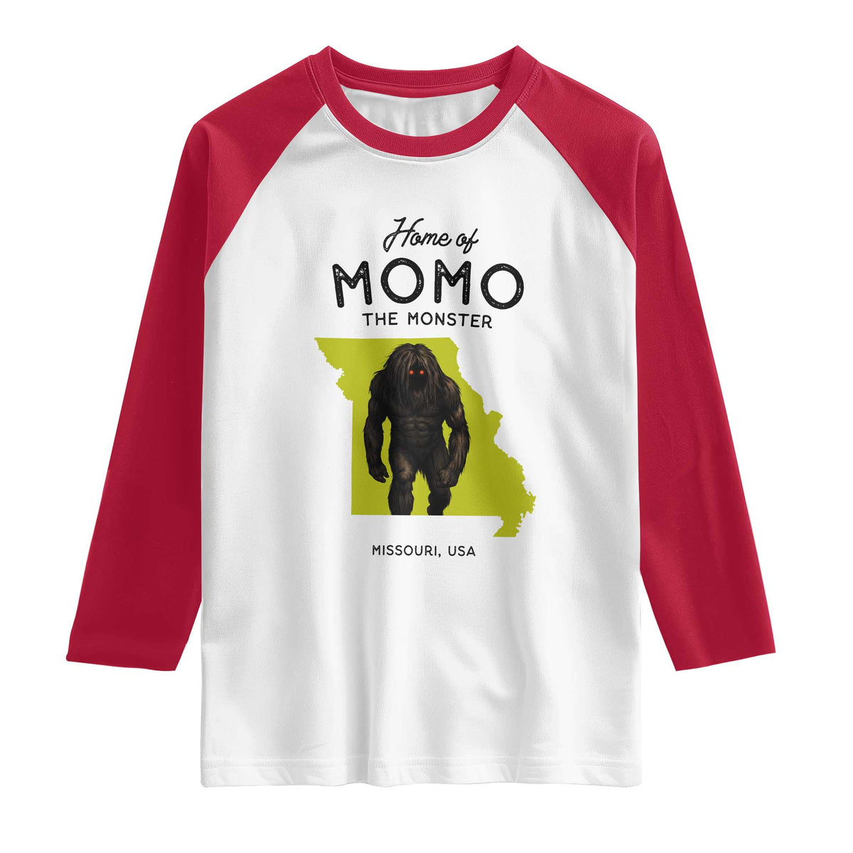 Louisiana Missouri Cryptid Lover Raglan Shirt Home Of Momo The Monster TS12 White Red Print Your Wear