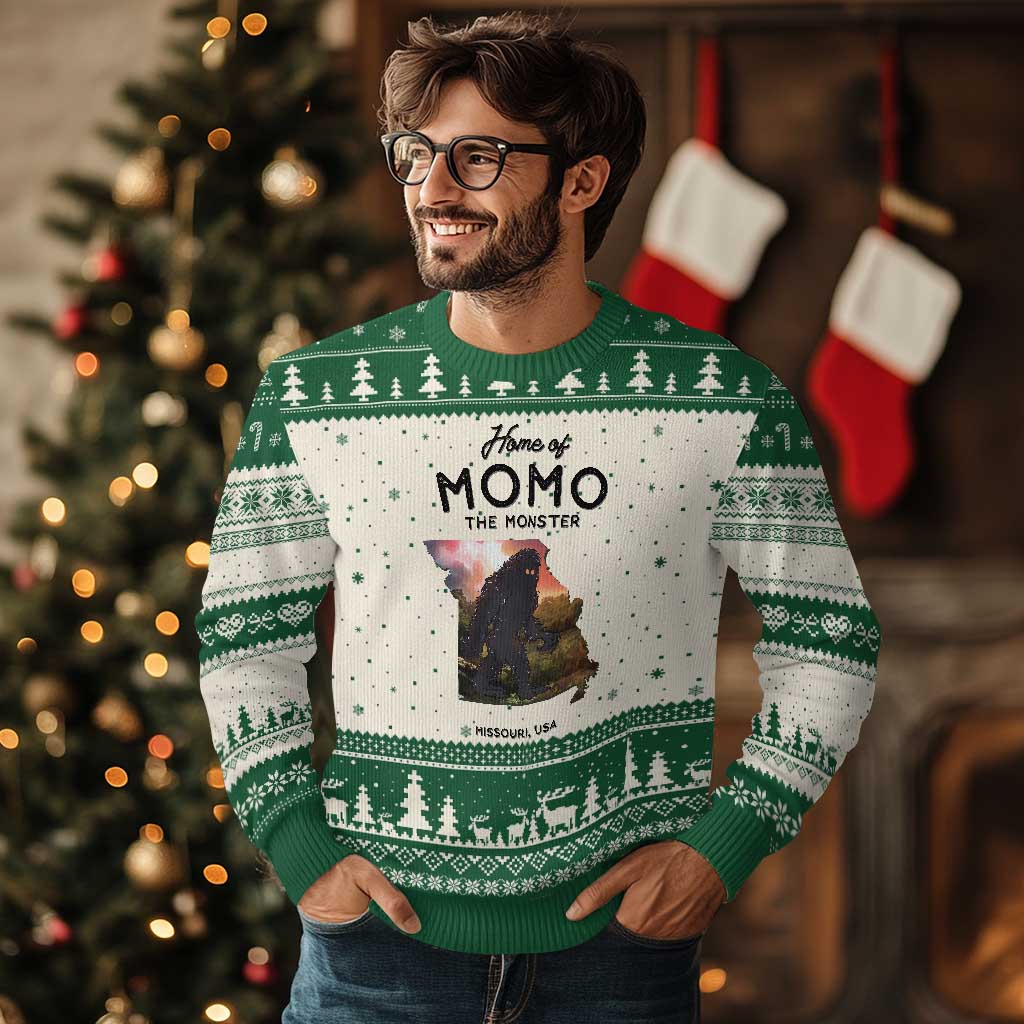 Momo The Monster Folklore Ugly Christmas Sweater Louisiana Missouri Cryptid Lover Gift TS12 Beige Green Print Your Wear