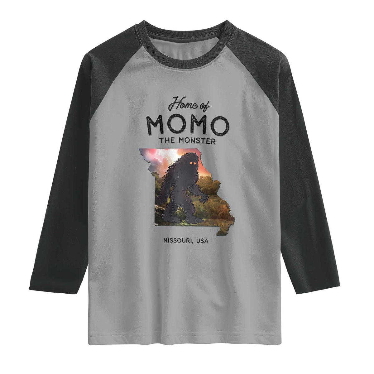 Momo The Monster Folklore Raglan Shirt Louisiana Missouri Cryptid Lover Gift TS12 Sport Gray Black Print Your Wear
