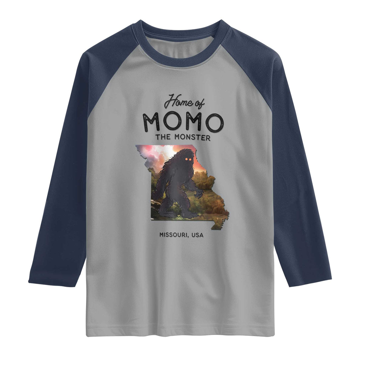 Momo The Monster Folklore Raglan Shirt Louisiana Missouri Cryptid Lover Gift TS12 Sport Gray Navy Print Your Wear