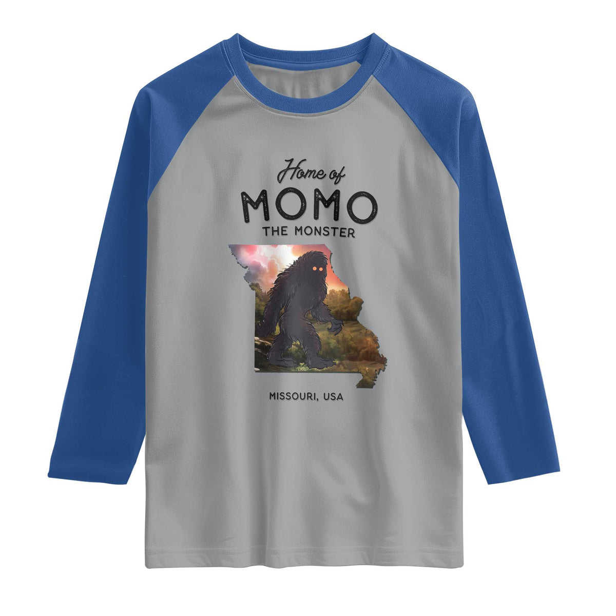 Momo The Monster Folklore Raglan Shirt Louisiana Missouri Cryptid Lover Gift TS12 Sport Gray Royal Print Your Wear