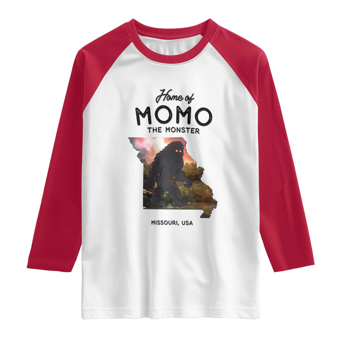 Momo The Monster Folklore Raglan Shirt Louisiana Missouri Cryptid Lover Gift TS12 White Red Print Your Wear