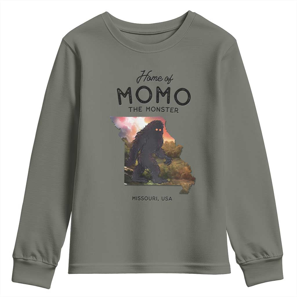 Momo The Monster Folklore Youth Sweatshirt Louisiana Missouri Cryptid Lover Gift TS12 Military Green Print Your Wear