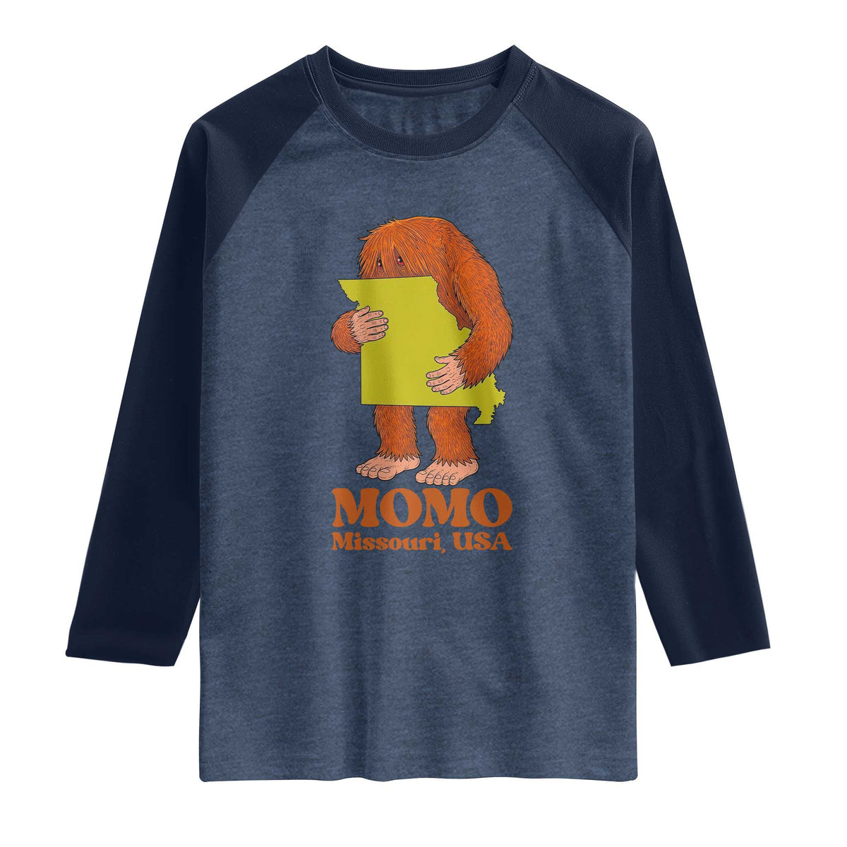 Missouri Cryptid Local Legend Raglan Shirt Momo The Monster Lover Graphic TS12 Heather Denim Navy Print Your Wear