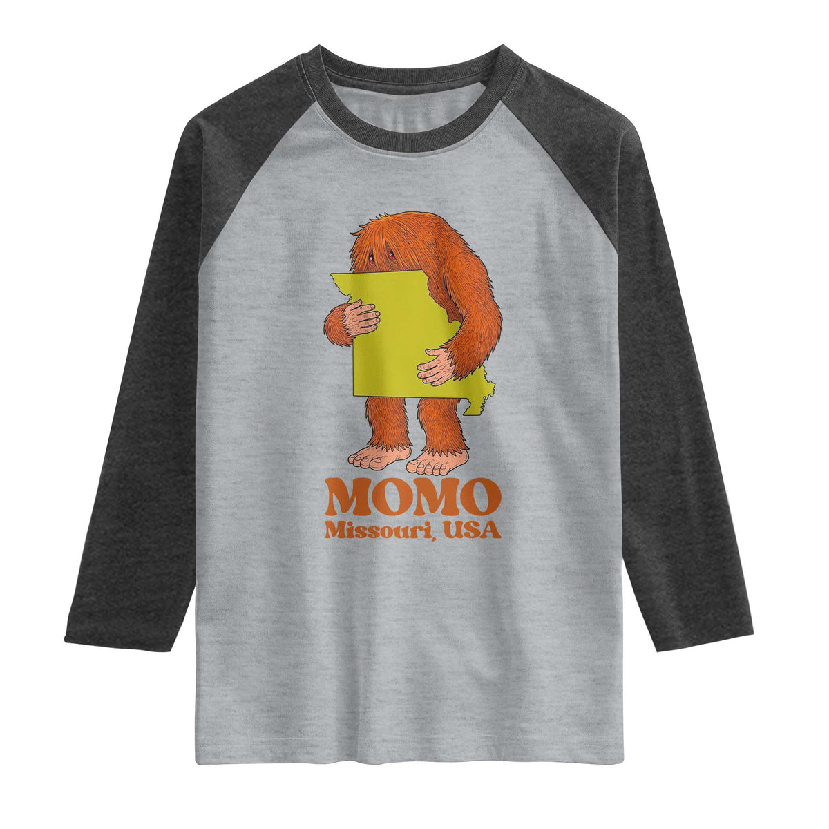Missouri Cryptid Local Legend Raglan Shirt Momo The Monster Lover Graphic TS12 Heather Gray Heather Charcoal Print Your Wear
