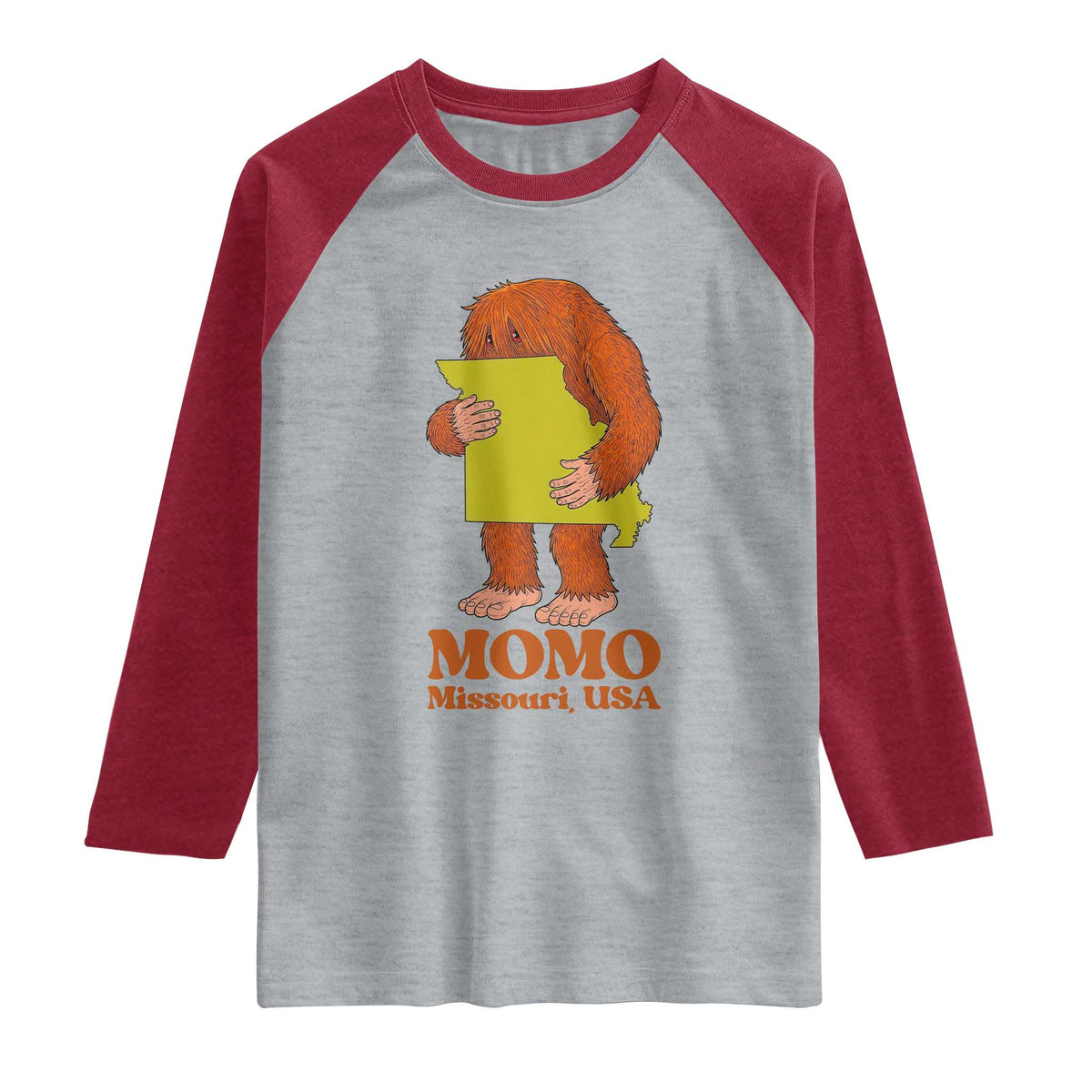 Missouri Cryptid Local Legend Raglan Shirt Momo The Monster Lover Graphic TS12 Heather Gray Heather Red Print Your Wear