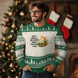 Cat Coffee Lover Ugly Christmas Sweater Now I Wake Up Sip Coffee And Do Whatever I Want TS12 Beige Green Print Your Wear