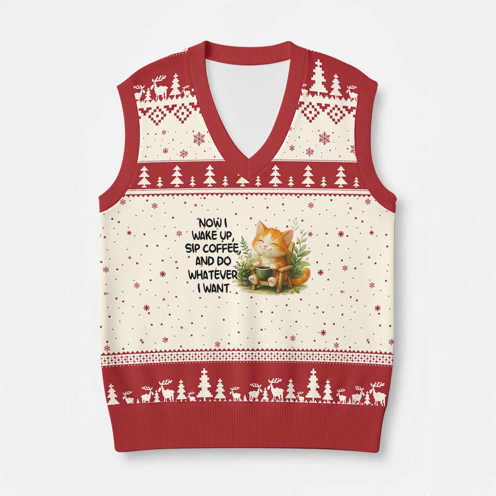Cat Coffee Lover V-Neck Knit Sweater Vest Now I Wake Up Sip Coffee And Do Whatever I Want TS12 Beige Red Print Your Wear