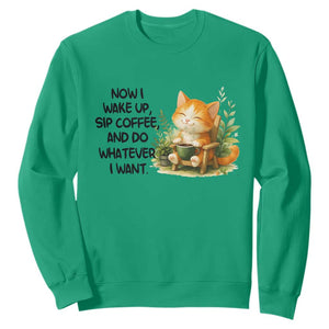 Cat Coffee Lover Sweatshirt Now I Wake Up Sip Coffee And Do Whatever I Want TS12 Irish Green Print Your Wear