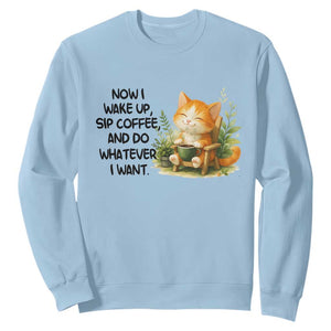 Cat Coffee Lover Sweatshirt Now I Wake Up Sip Coffee And Do Whatever I Want TS12 Light Blue Print Your Wear