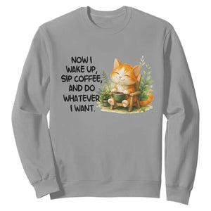 Cat Coffee Lover Sweatshirt Now I Wake Up Sip Coffee And Do Whatever I Want TS12 Sport Gray Print Your Wear
