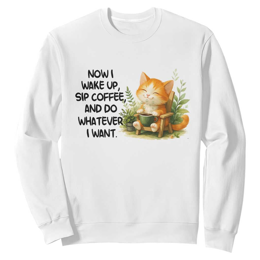 Cat Coffee Lover Sweatshirt Now I Wake Up Sip Coffee And Do Whatever I Want TS12 White Print Your Wear