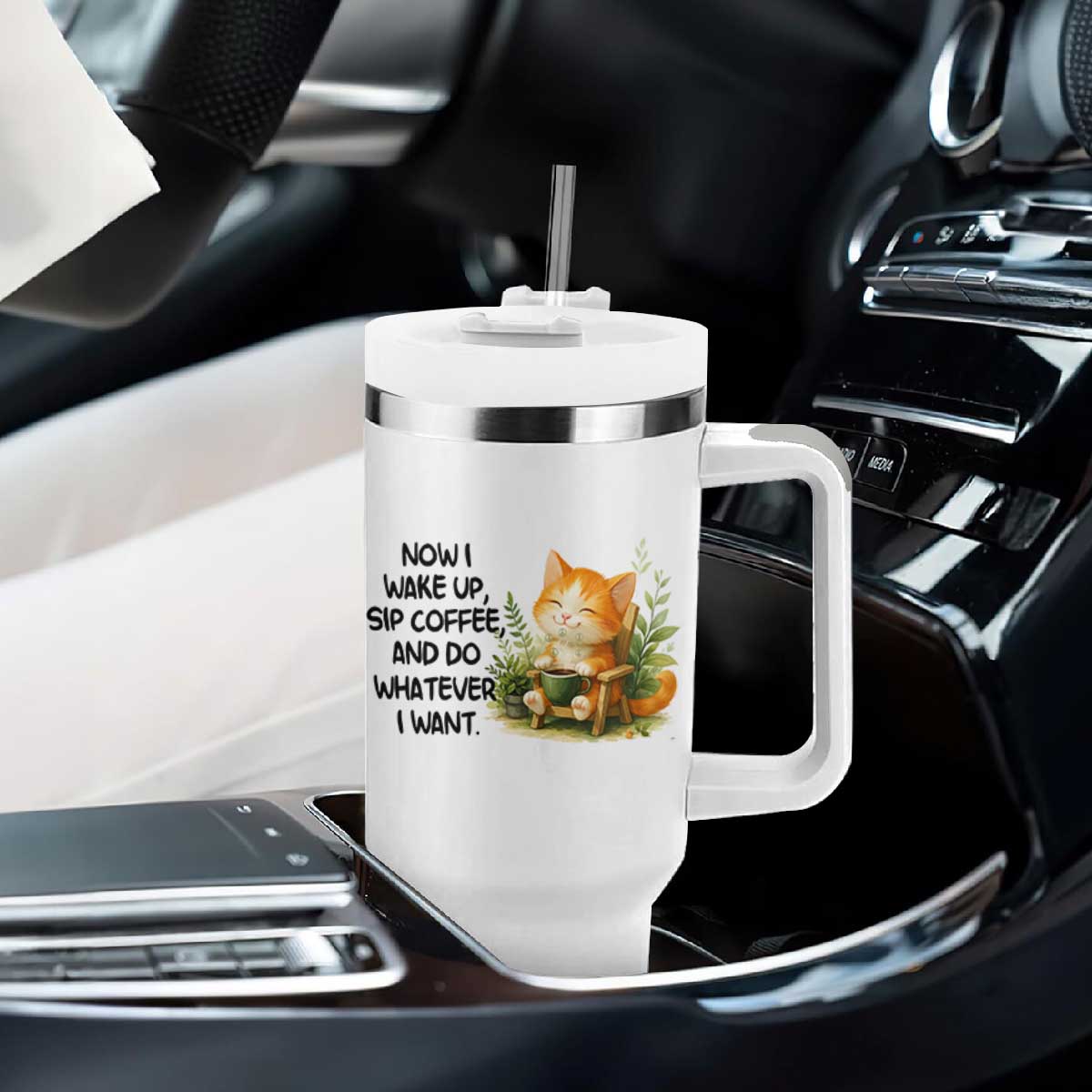 Cat Coffee Lover Tumbler With Handle Now I Wake Up Sip Coffee And Do Whatever I Want TS12 Print Your Wear