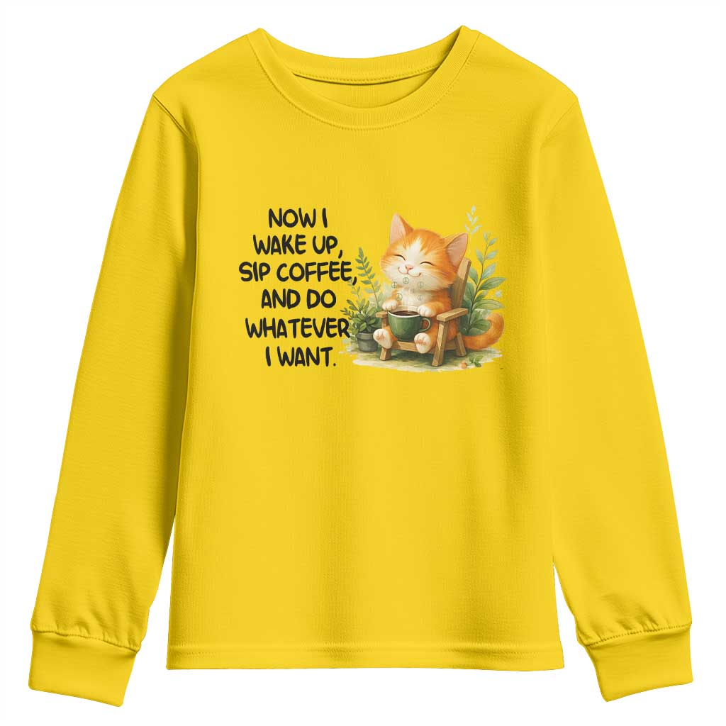 Cat Coffee Lover Youth Sweatshirt Now I Wake Up Sip Coffee And Do Whatever I Want TS12 Daisy Print Your Wear