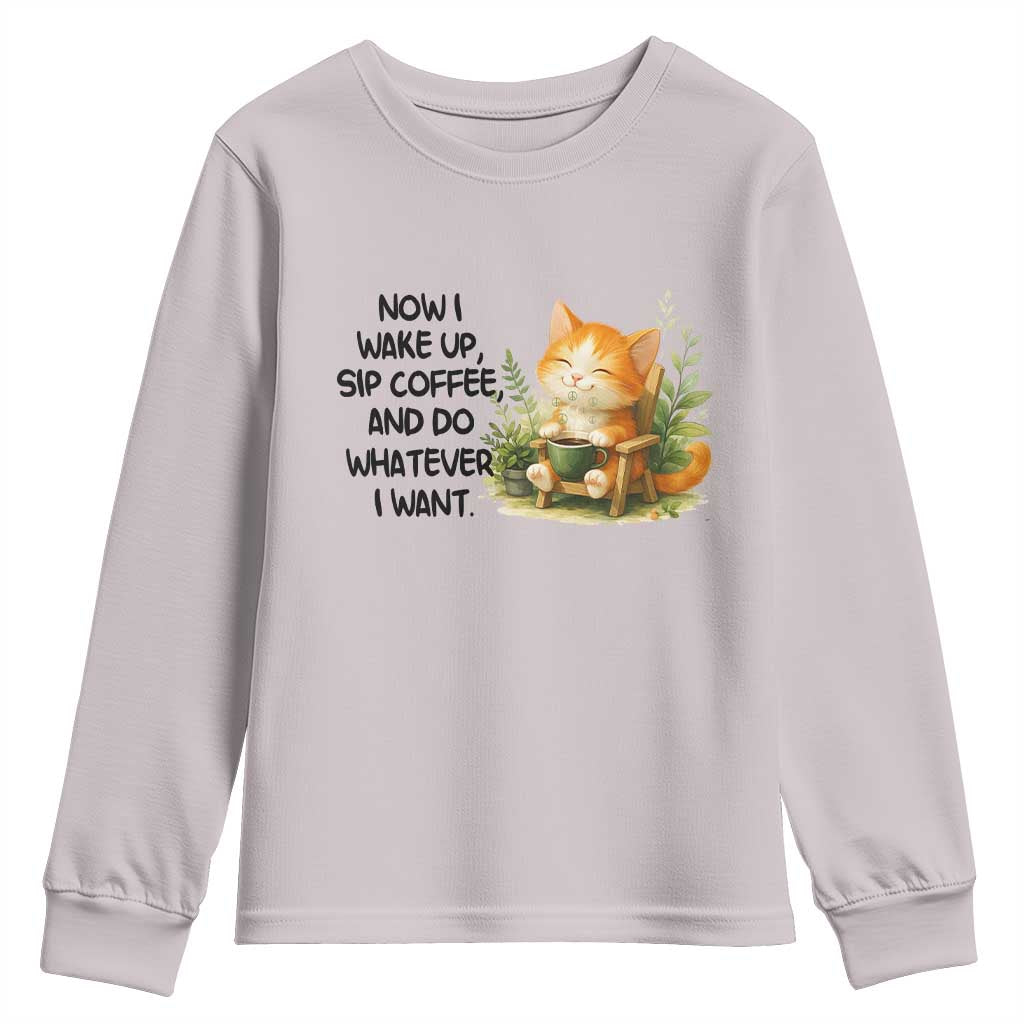 Cat Coffee Lover Youth Sweatshirt Now I Wake Up Sip Coffee And Do Whatever I Want TS12 Ice Gray Print Your Wear