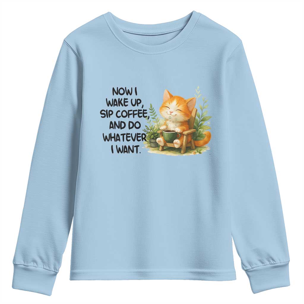 Cat Coffee Lover Youth Sweatshirt Now I Wake Up Sip Coffee And Do Whatever I Want TS12 Light Blue Print Your Wear
