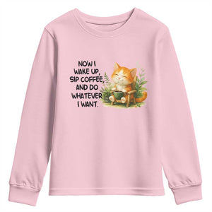 Cat Coffee Lover Youth Sweatshirt Now I Wake Up Sip Coffee And Do Whatever I Want TS12 Light Pink Print Your Wear