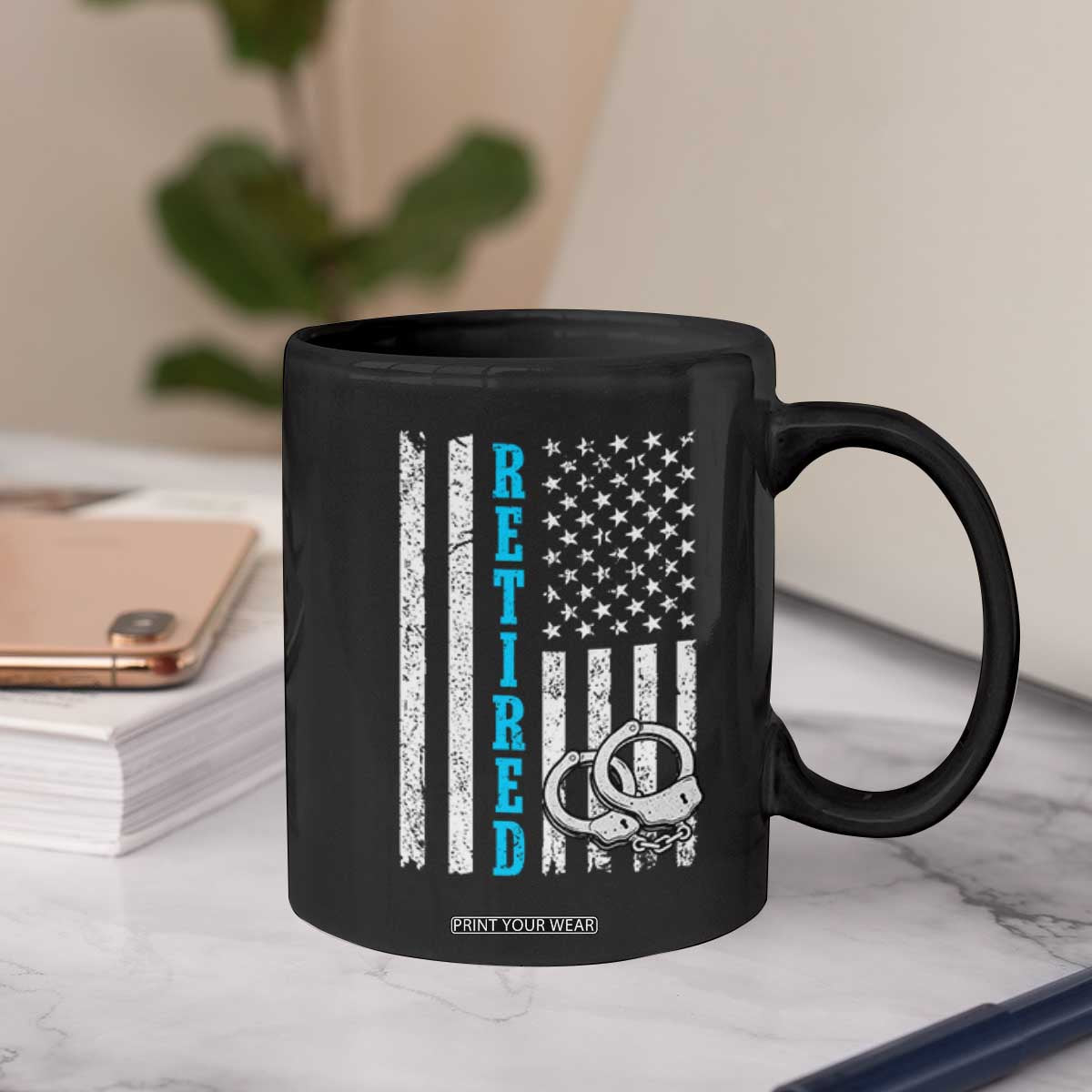 Funny Retired Police Officer Coffee Mug Patriotic Flag With Handcuffs TS12 Print Your Wear