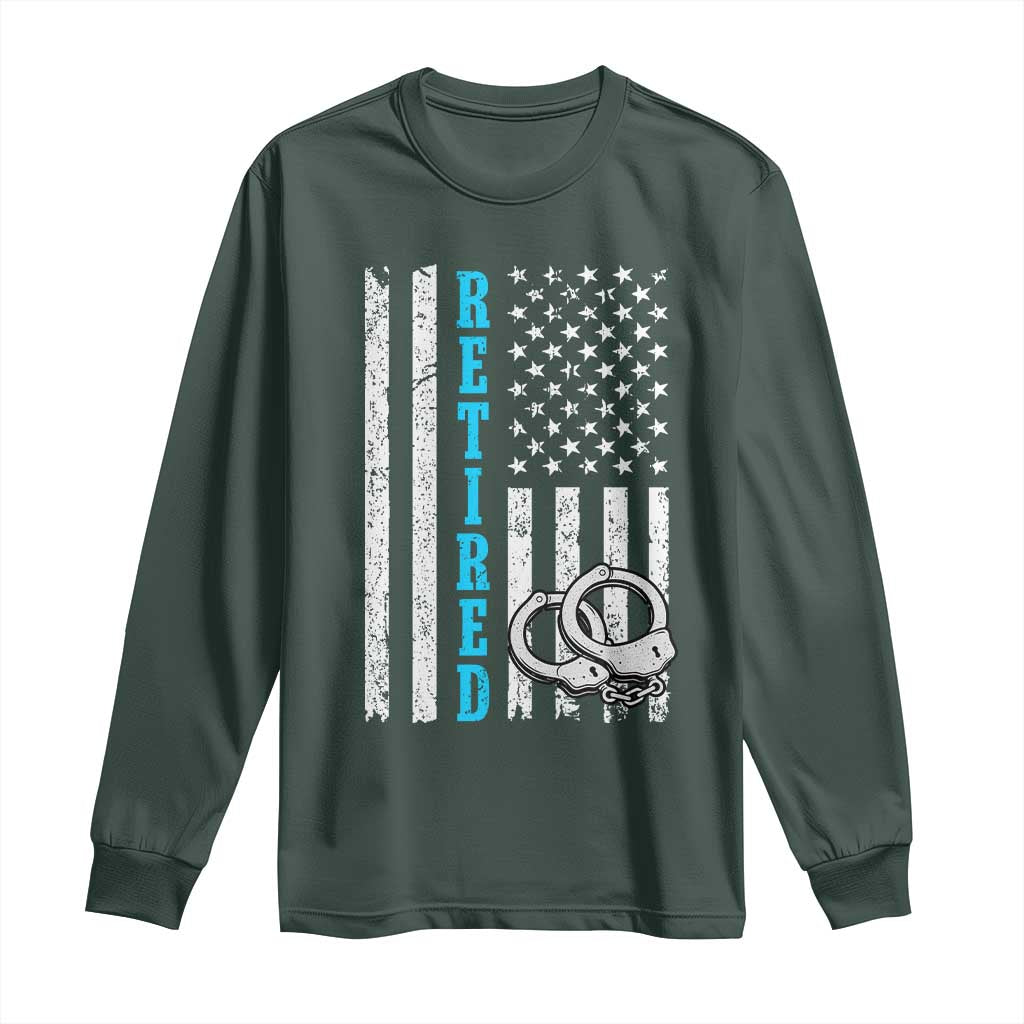 Funny Retired Police Officer Long Sleeve Shirt Patriotic Flag With Handcuffs TS12 Dark Forest Green Print Your Wear