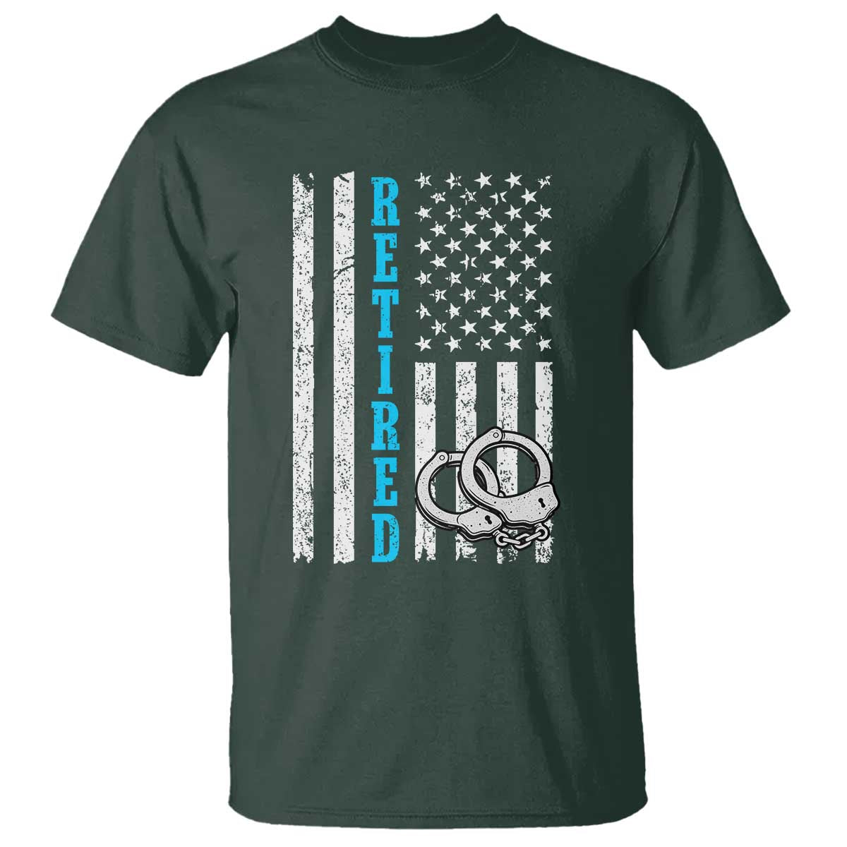 Funny Retired Police Officer T Shirt Patriotic Flag With Handcuffs TS12 Dark Forest Green Print Your Wear