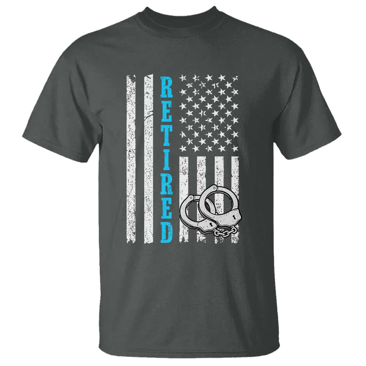 Funny Retired Police Officer T Shirt Patriotic Flag With Handcuffs TS12 Dark Heather Print Your Wear